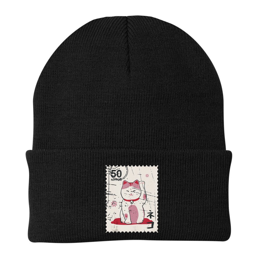 Japanese Kawaii Lucky Cat Stamp Art Beanie