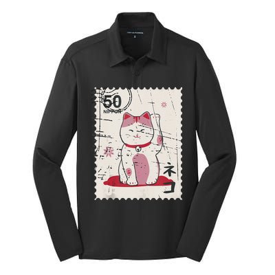 Japanese Kawaii Lucky Cat Stamp Art Silk Touch Performance Long Sleeve Polo