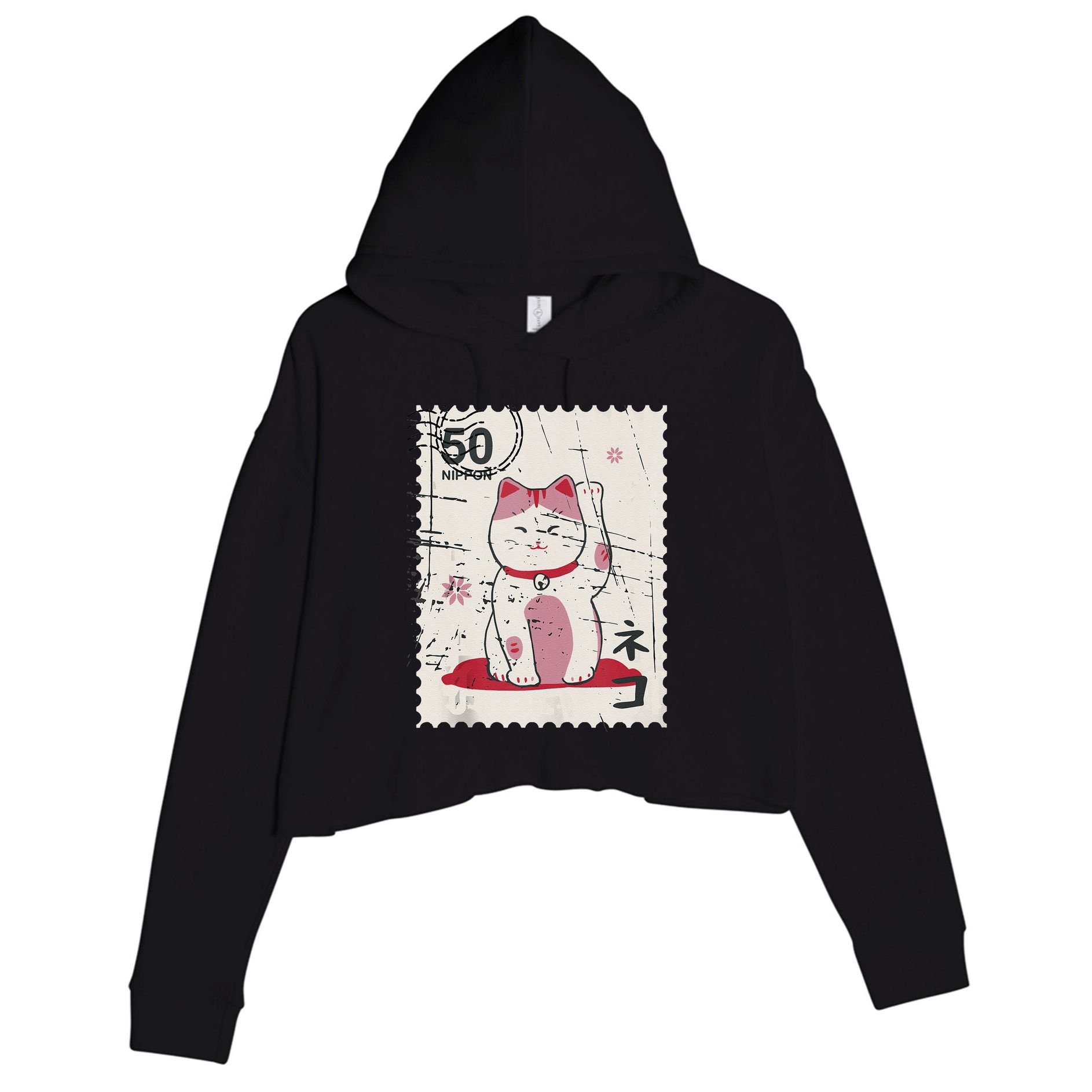 Japanese Kawaii Lucky Cat Stamp Art Crop Fleece Hoodie