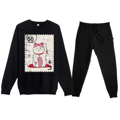 Japanese Kawaii Lucky Cat Stamp Art Premium Crewneck Sweatsuit Set