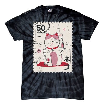 Japanese Kawaii Lucky Cat Stamp Art Tie-Dye T-Shirt