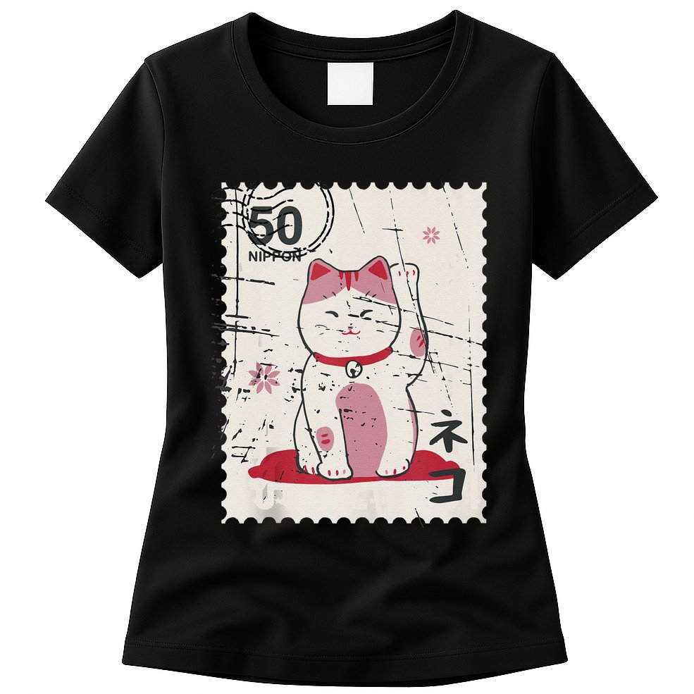 Japanese Kawaii Lucky Cat Stamp Art Womens T-Shirt
