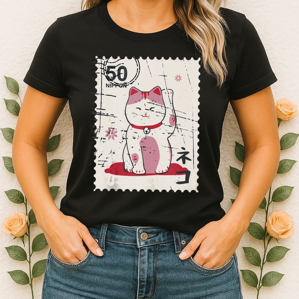 Japanese Kawaii Lucky Cat Stamp Art Womens T-Shirt