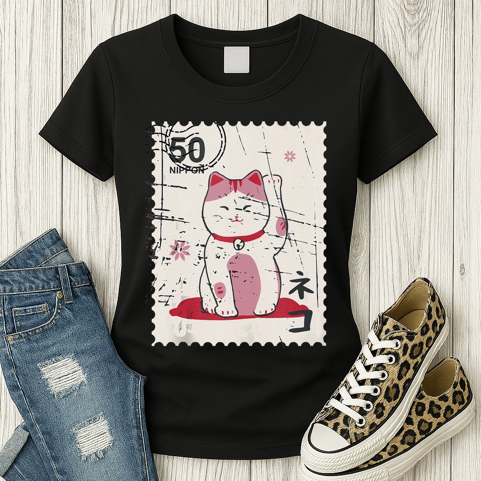 Japanese Kawaii Lucky Cat Stamp Art Womens T-Shirt