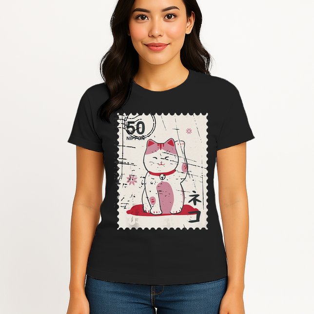 Japanese Kawaii Lucky Cat Stamp Art Womens T-Shirt