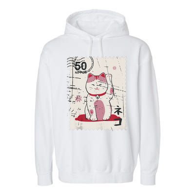 Japanese Kawaii Lucky Cat Stamp Art Garment-Dyed Fleece Hoodie