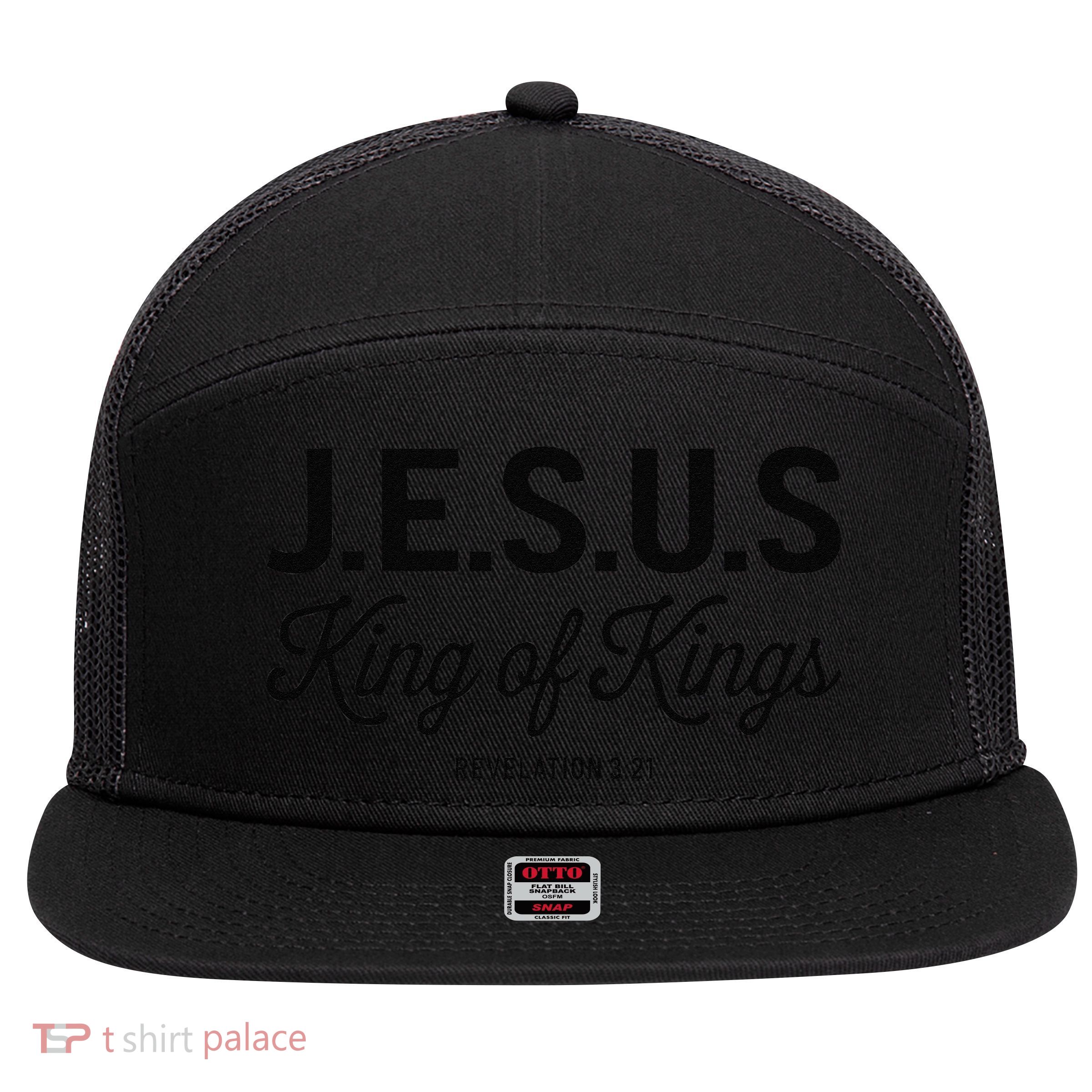 Jesus King Of Kings Revelation 3 21 7 Panel Mesh Trucker Snapback Hat