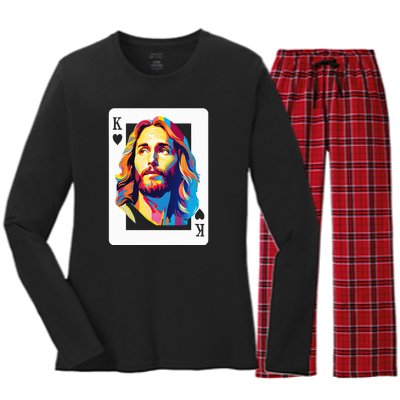 Jesus King Of Hearts Kings Of Kings Christian Playing Cards Christ Women's Long Sleeve Flannel Pajama Set 