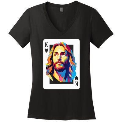 Jesus King Of Hearts Kings Of Kings Christian Playing Cards Christ Women's V-Neck T-Shirt