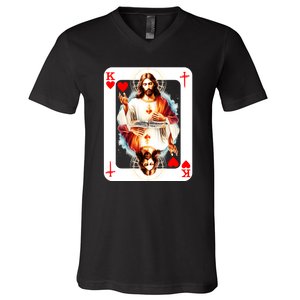 Jesus King Of Hearts Christian Sacred Heart Of Jesus Christ 3 Nails Cross V-Neck T-Shirt