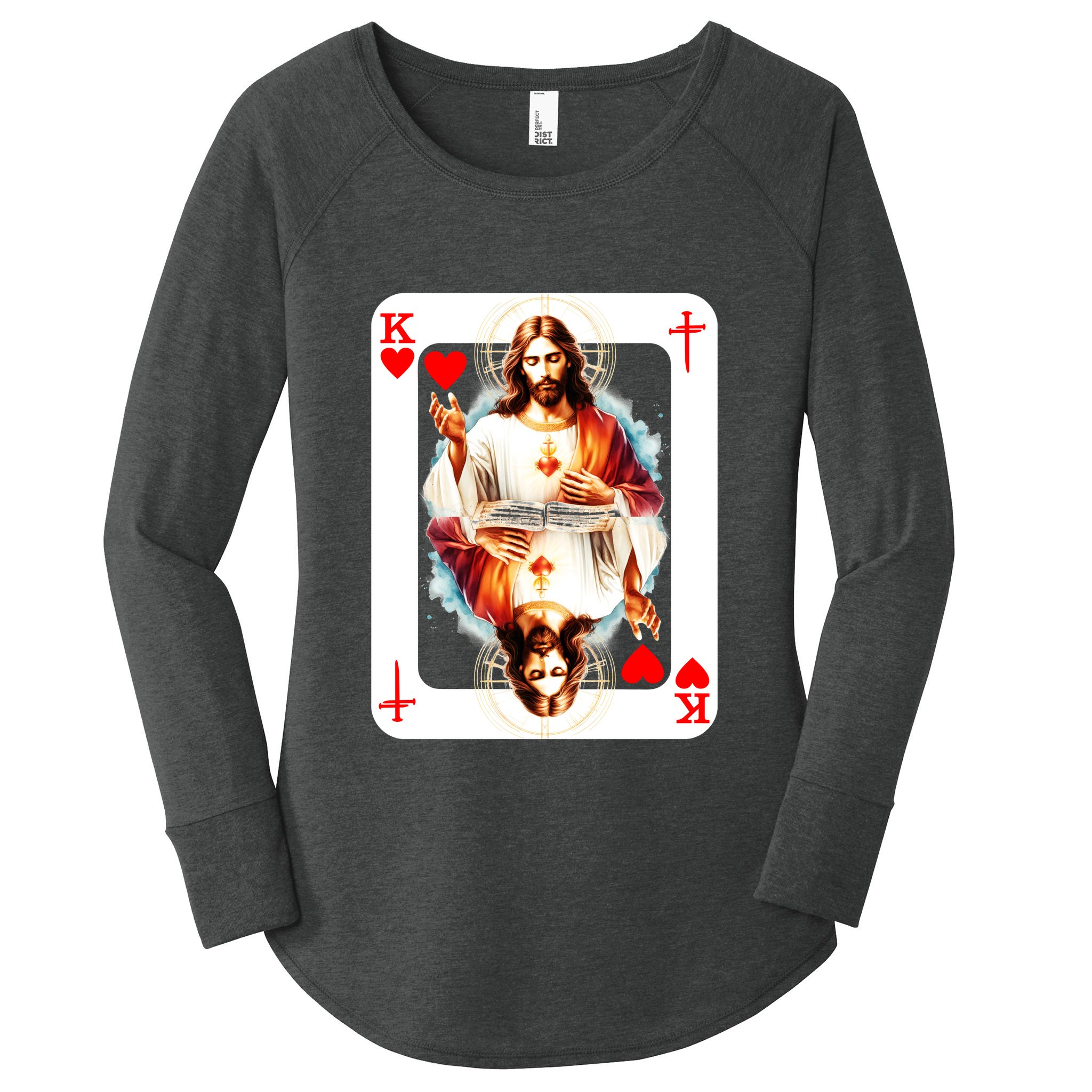 Jesus King Of Hearts Christian Sacred Heart Of Jesus Christ 3 Nails Cross Women's Perfect Tri Tunic Long Sleeve Shirt