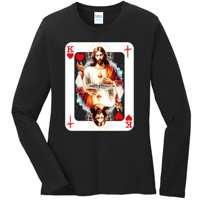 Jesus King Of Hearts Christian Sacred Heart Of Jesus Christ 3 Nails Cross Ladies Long Sleeve Shirt