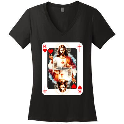 Jesus King Of Hearts Christian Sacred Heart Of Jesus Christ 3 Nails Cross Women's V-Neck T-Shirt