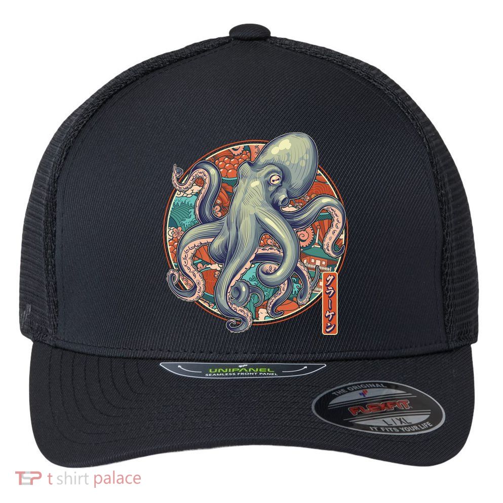 Japanese Kracken Octopus Monster Flexfit Unipanel Trucker Cap