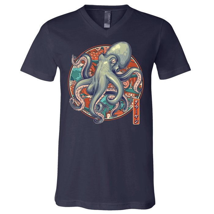 Japanese Kracken Octopus Monster V-Neck T-Shirt