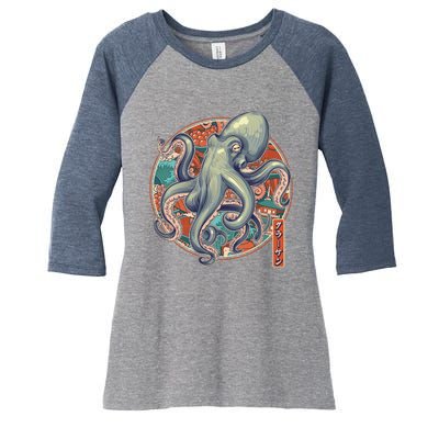 Japanese Kracken Octopus Monster Women's Tri-Blend 3/4-Sleeve Raglan Shirt