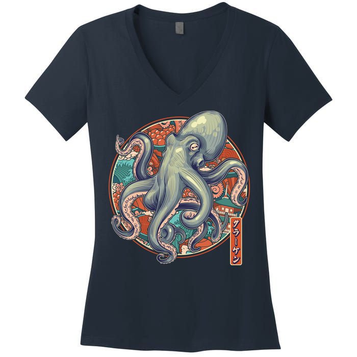 Japanese Kracken Octopus Monster Women's V-Neck T-Shirt