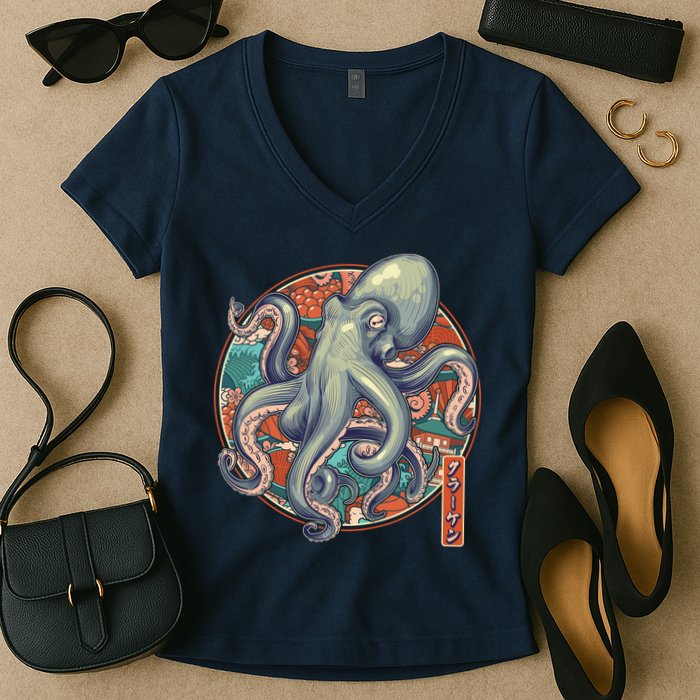Japanese Kracken Octopus Monster Women's V-Neck T-Shirt