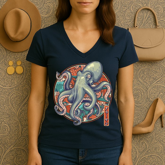 Japanese Kracken Octopus Monster Women's V-Neck T-Shirt