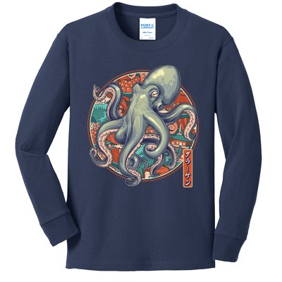 Japanese Kracken Octopus Monster Kids Long Sleeve Shirt