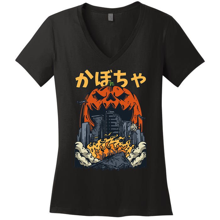 Japanese Killer Pumpkin Vegetable Kaiju Anime Halloween Women's V-Neck T-Shirt