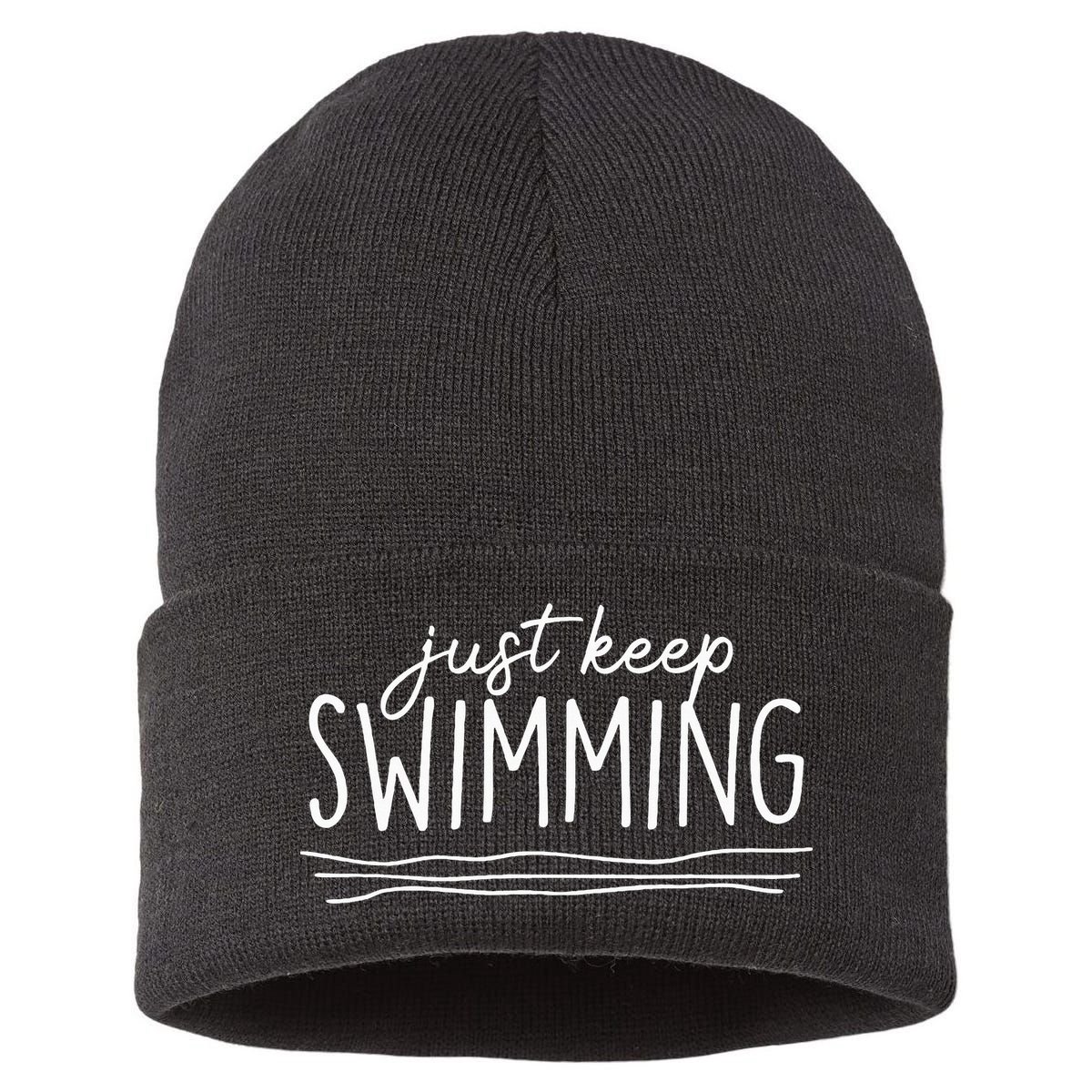 Just Keep Swimming Funny Newbies Swimmer Swimming Coach Sustainable Knit Beanie