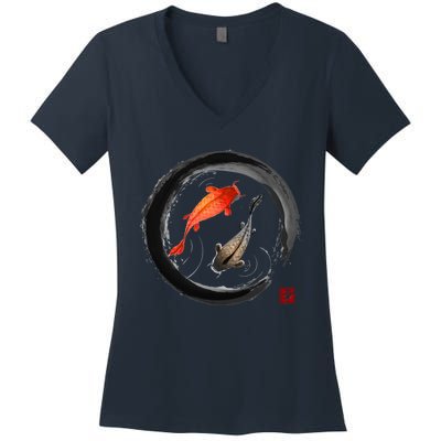 Japanese Koi Vintage Ink Shodo Women's V-Neck T-Shirt