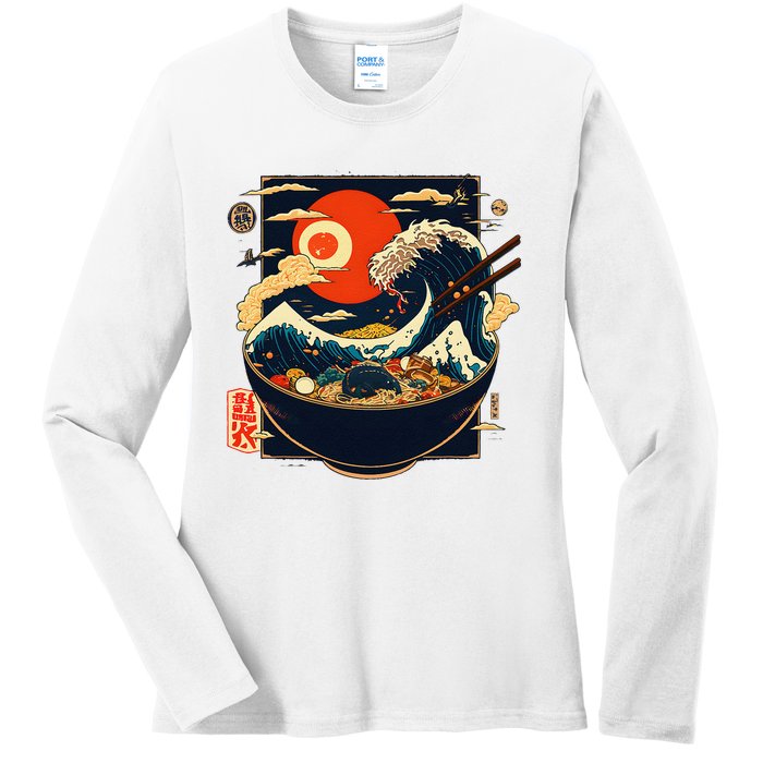 Japanese Kanagawa Wave Ramen Graphic Retro Anime Noodles Art Ladies Long Sleeve Shirt