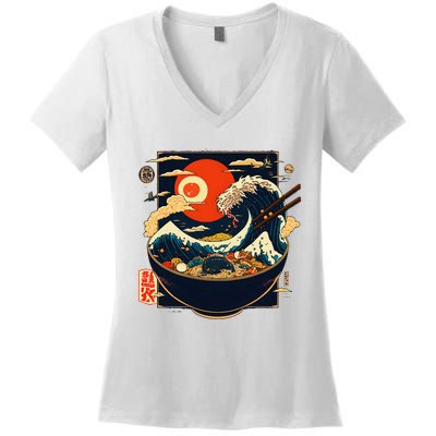 Japanese Kanagawa Wave Ramen Graphic Retro Anime Noodles Art Women's V-Neck T-Shirt