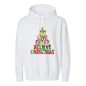 Joy Love Cheer Believe Christmas Tie Dye Xmas Tree Pajamas Gift Garment-Dyed Fleece Hoodie