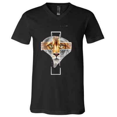 Judah Lion Cross Jesus Christ Religious Faith In God V-Neck T-Shirt