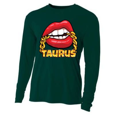 Juicy Lips Gold Chain Taurus Zodiac Sign Cooling Performance Long Sleeve Crew