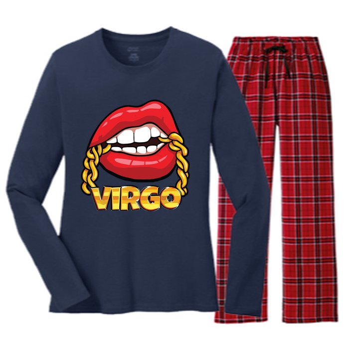 Juicy Lips Gold Chain Virgo Zodiac Sign Women's Long Sleeve Flannel Pajama Set 