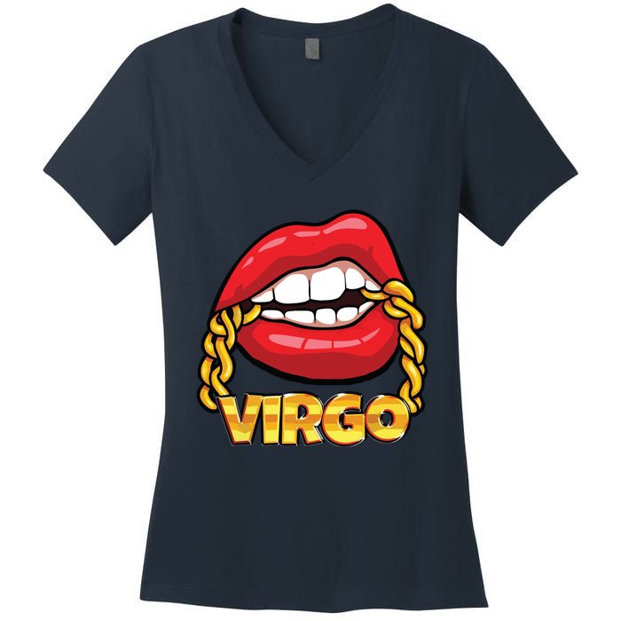 Juicy Lips Gold Chain Virgo Zodiac Sign Women's V-Neck T-Shirt