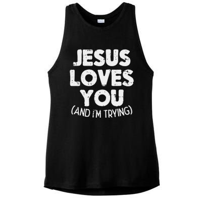 Jesus Loves Im Trying Funny God Faith Christian Gift Ladies PosiCharge Tri-Blend Wicking Tank