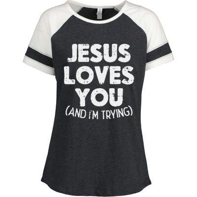 Jesus Loves Im Trying Funny God Faith Christian Gift Enza Ladies Jersey Colorblock Tee