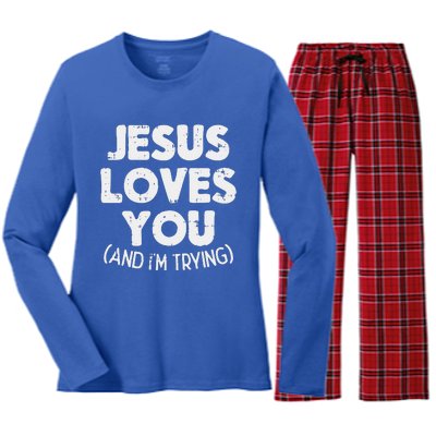 Jesus Loves Im Trying Funny God Faith Christian Gift Women's Long Sleeve Flannel Pajama Set 