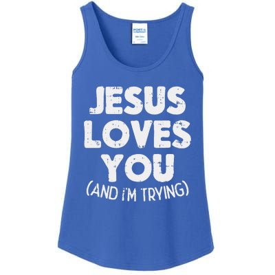 Jesus Loves Im Trying Funny God Faith Christian Gift Ladies Essential Tank