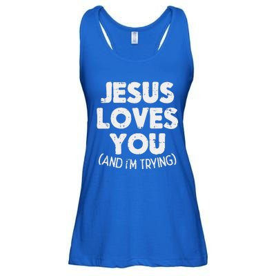 Jesus Loves Im Trying Funny God Faith Christian Gift Ladies Essential Flowy Tank