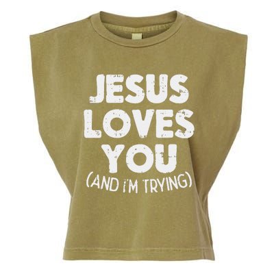 Jesus Loves Im Trying Funny God Faith Christian Gift Garment-Dyed Women's Muscle Tee