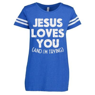 Jesus Loves Im Trying Funny God Faith Christian Gift Enza Ladies Jersey Football T-Shirt