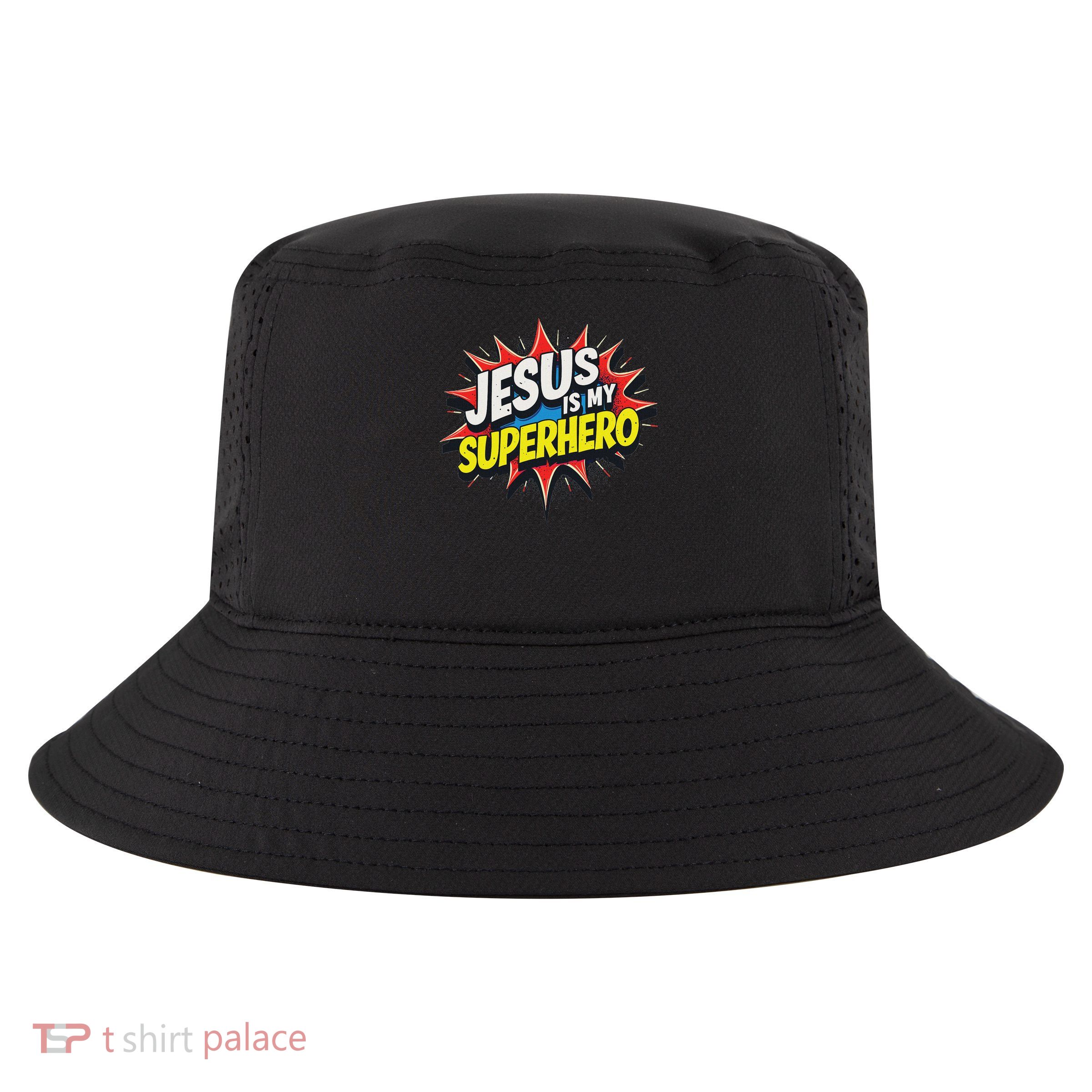 Jusus Lover Jesus Is My Superhero Black Small Modern Cool Comfort Performance Bucket Hat