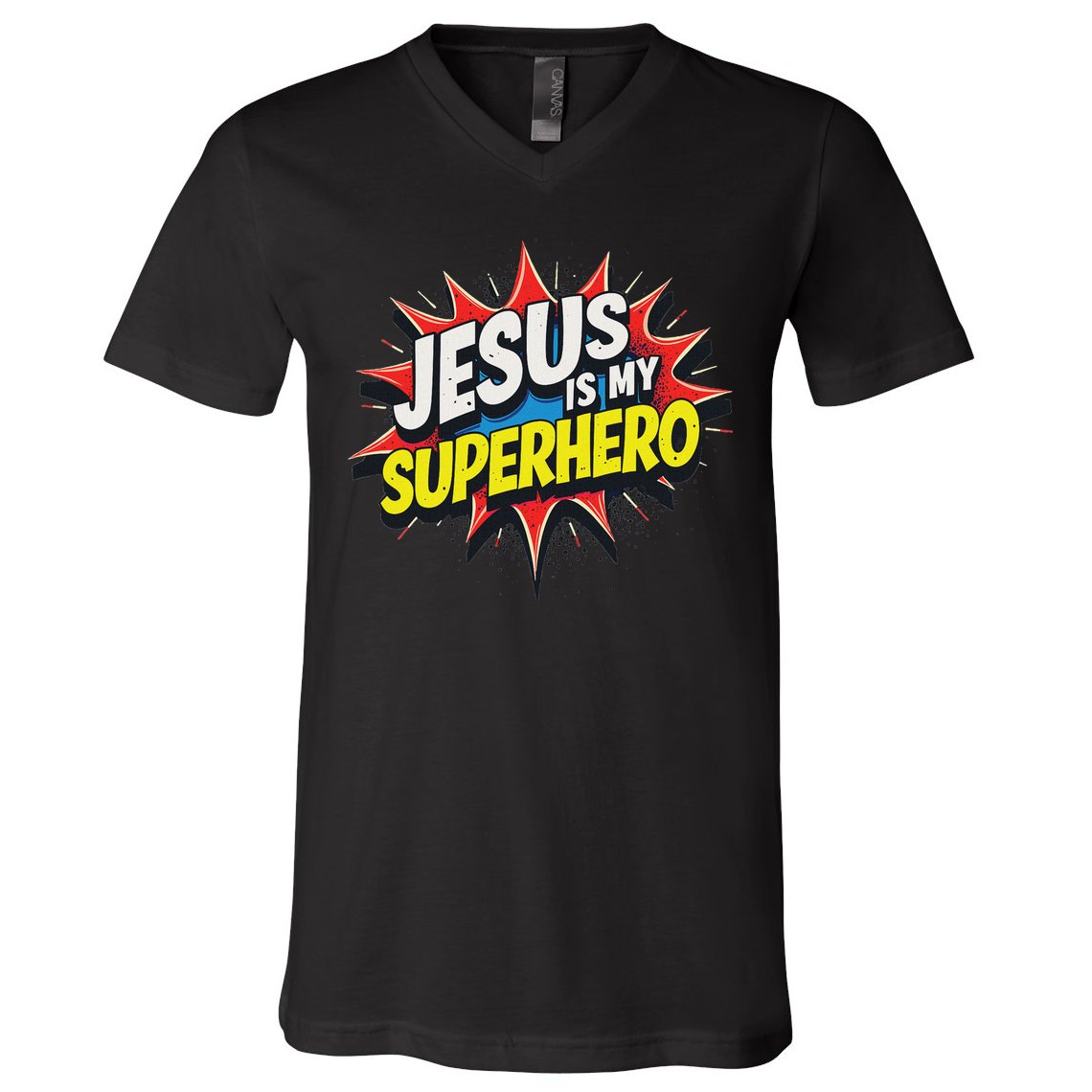 Jusus Lover Jesus Is My Superhero Black Small Modern V-Neck T-Shirt