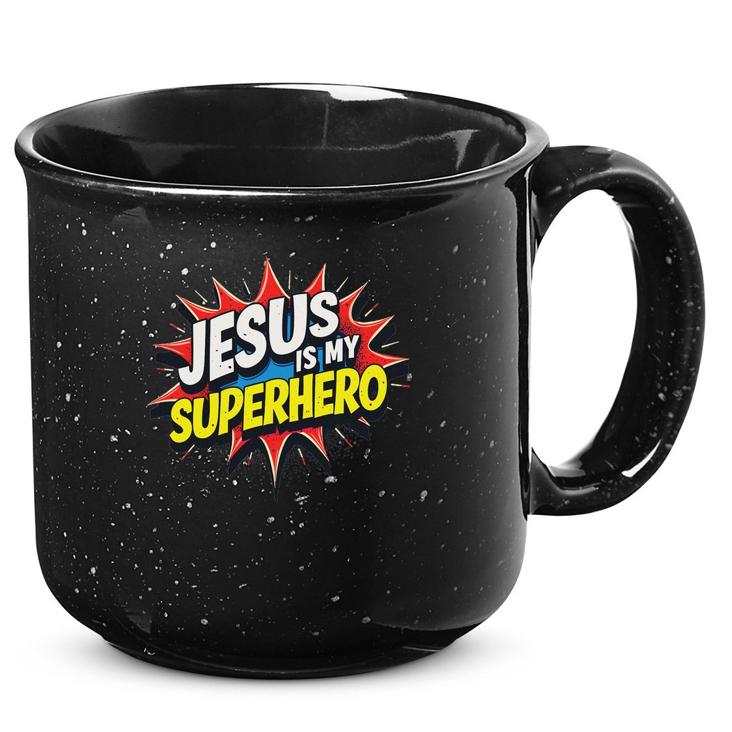 Jusus Lover Jesus Is My Superhero Black Small Modern 15oz Campfire Ceramic Mug