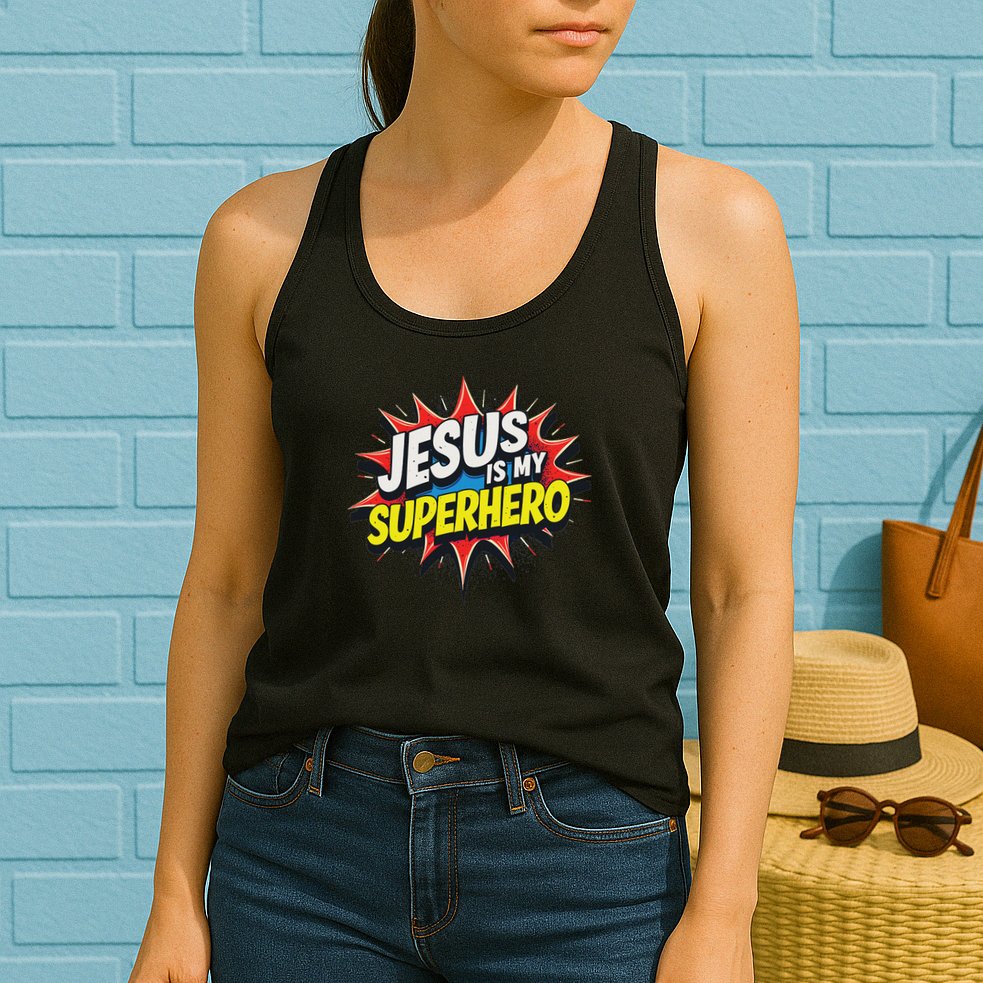Jusus Lover Jesus Is My Superhero Black Small Modern Womens Tank Top