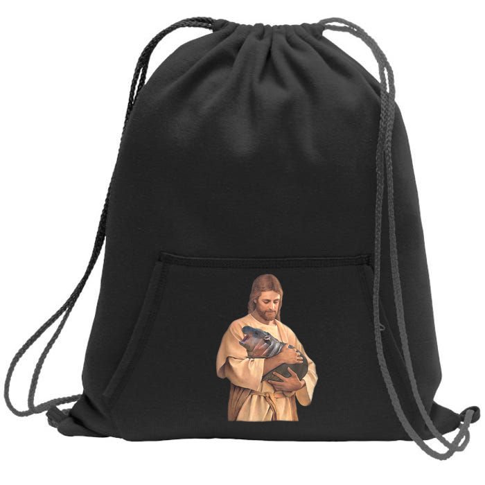 Jesus Loves Moo Deng Bouncy Pig Cute Baby Hippo Meme Sweatshirt Cinch Pack Bag