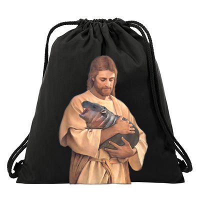 Jesus Loves Moo Deng Bouncy Pig Cute Baby Hippo Meme Drawstring Bag