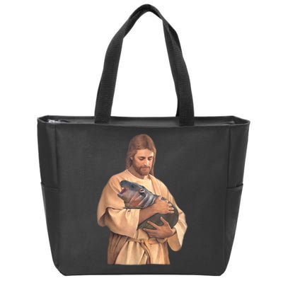 Jesus Loves Moo Deng Bouncy Pig Cute Baby Hippo Meme Zip Tote Bag