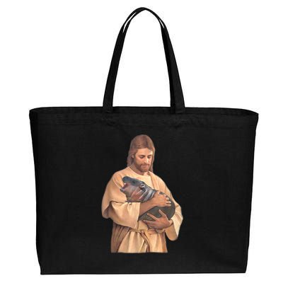 Jesus Loves Moo Deng Bouncy Pig Cute Baby Hippo Meme Cotton Canvas Jumbo Tote