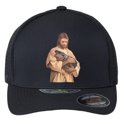 Jesus Loves Moo Deng Bouncy Pig Cute Baby Hippo Meme Flexfit Unipanel Trucker Cap